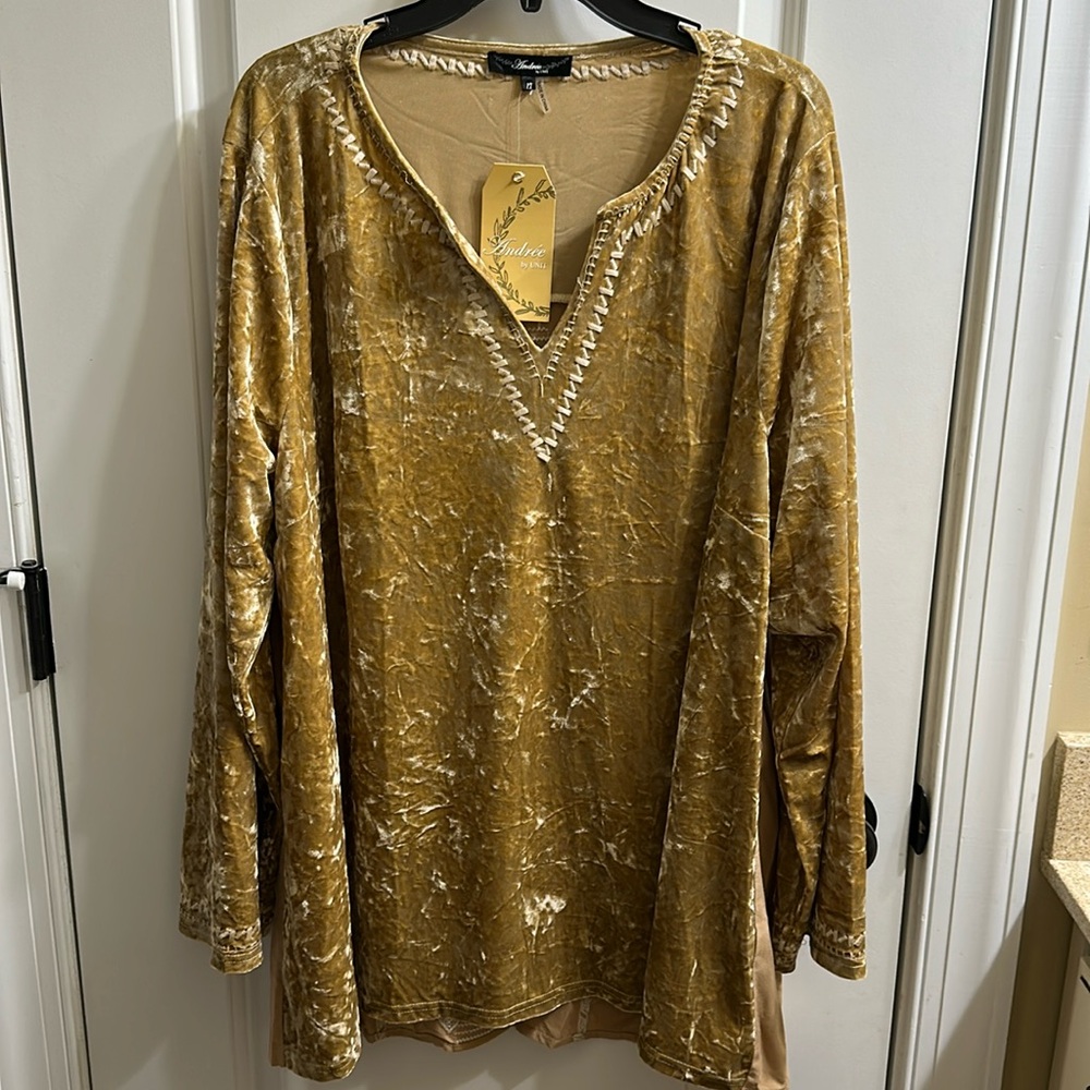 BNWT Andree by Unit Golden Velvet Embroidered Long Sleeve Blouse